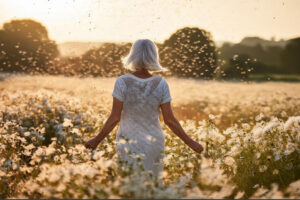 Une femme de dos marche à travers un champ de fleurs blanches au coucher du soleil, créant une atmosphère paisible et sereine, grâce à l’efficacité de son traitement.